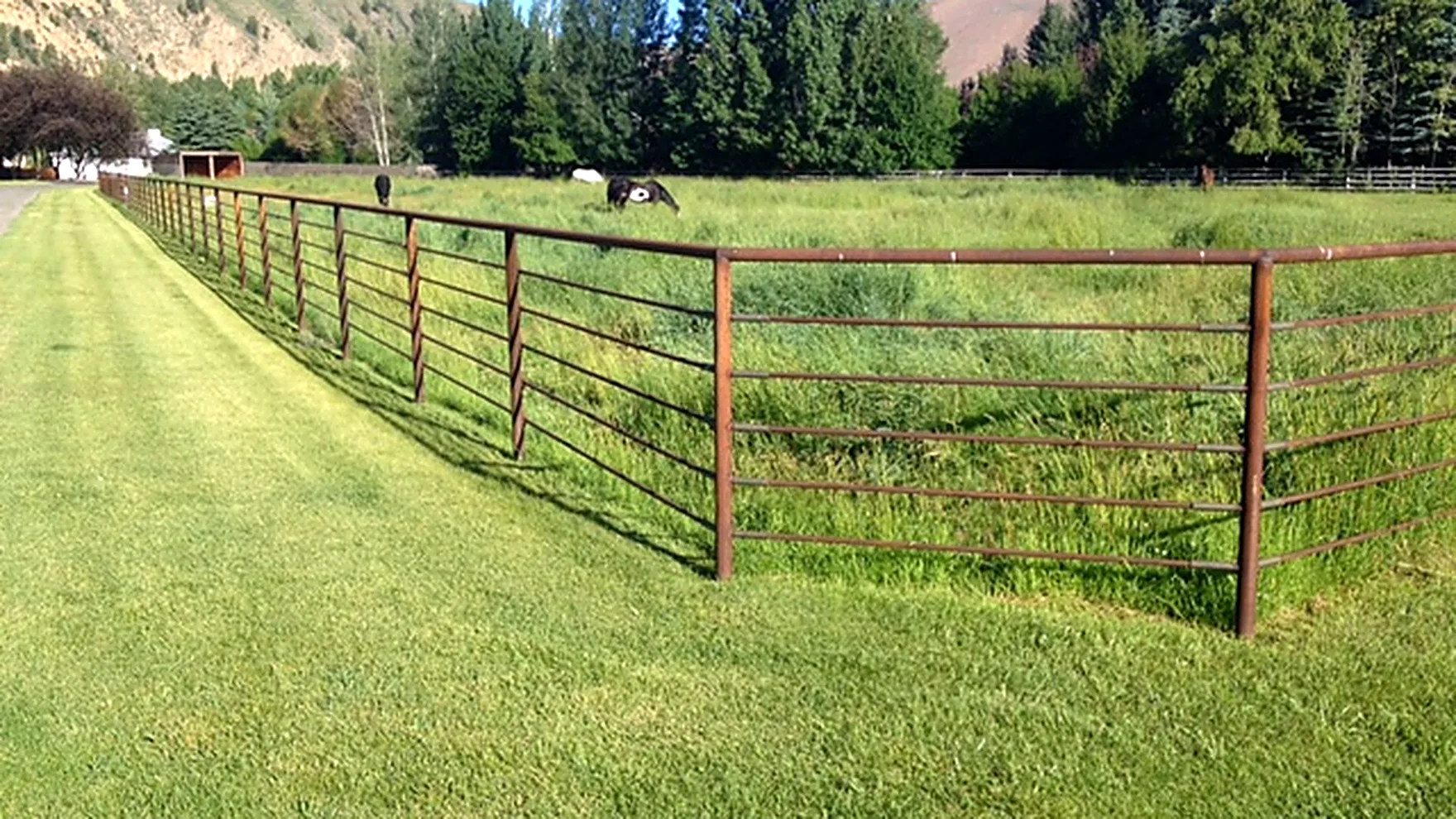 Steel pipe fence around a green Idaho pasture with mountains near Shoshone, Idaho
